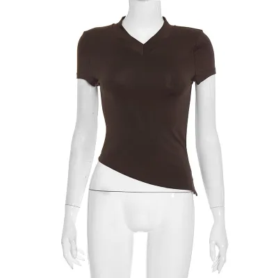Women Simple Solid Color Short-Sleeved Irregular Hem V-Neck T-Shirt