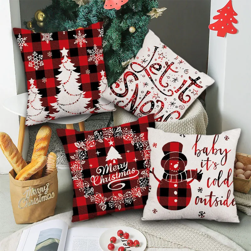 Christmas Red Plaid Snowman English Text Home Living Room Linen Pillow Case