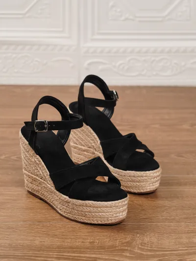 Women Fashion Casual Vacation Solid Color Straw Wedge Thick-Soled Non-Slip Suede Sandals