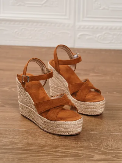 Women Fashion Casual Vacation Solid Color Straw Wedge Thick-Soled Non-Slip Suede Sandals