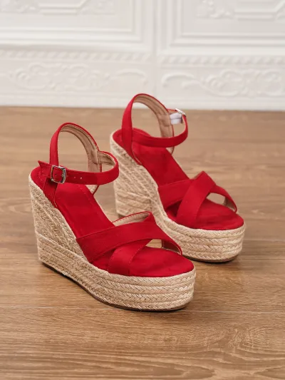 Women Fashion Casual Vacation Solid Color Straw Wedge Thick-Soled Non-Slip Suede Sandals