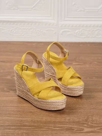 Women Fashion Casual Vacation Solid Color Straw Wedge Thick-Soled Non-Slip Suede Sandals