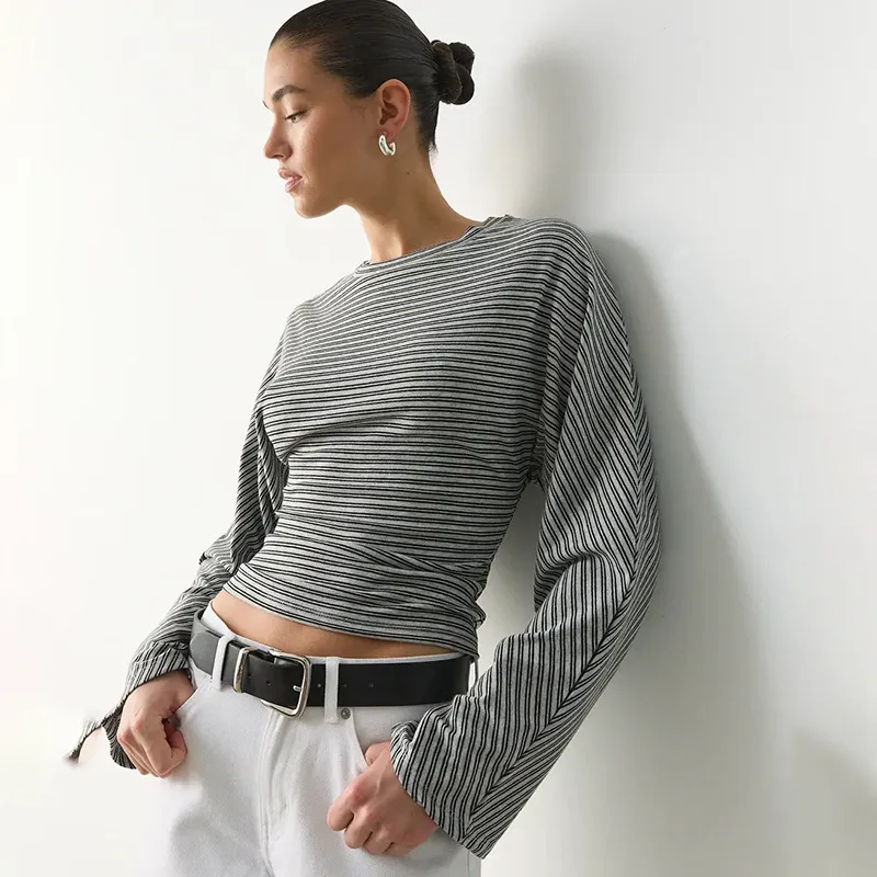 Autumn Women Casual Stripe Long Sleeve Cropped T-Shirt