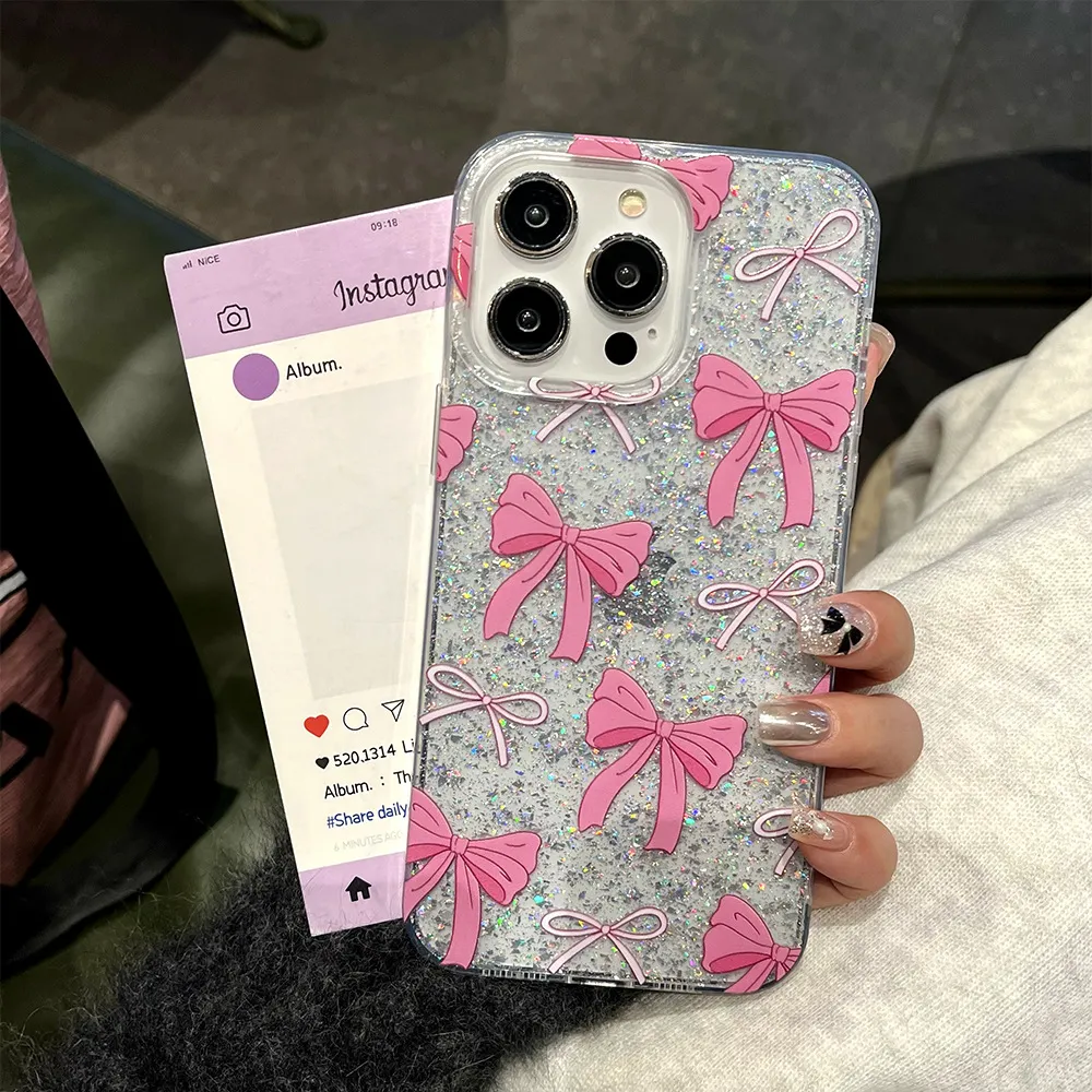 Women Fashion Dropping Glue Glitter Bow Iphone Case