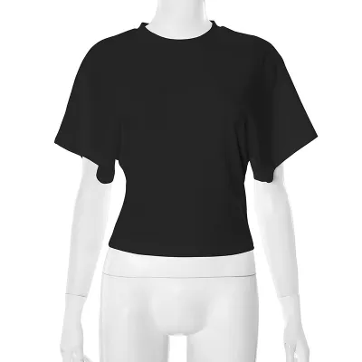 Women Casual Solid Color Round Neck Short Sleeve Cropped T-Shirt
