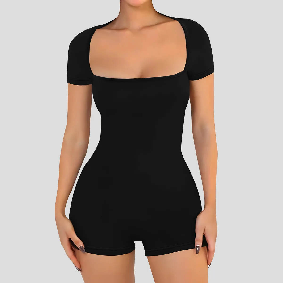 Women Fashion Casual Simple Solid Color Short-Sleeve Tight Yoga Sports Rompers