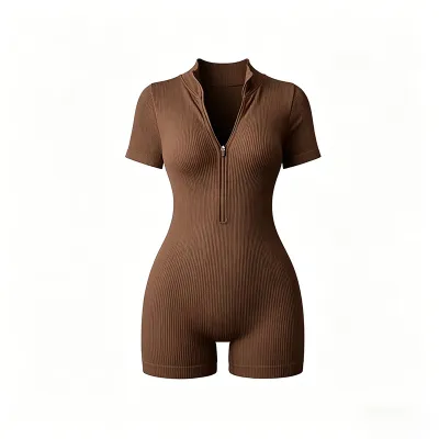 Women Fashion Casual Solid Color Rib Short-Sleeve Zipper Tight Yoga Sports Rompers