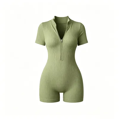Women Fashion Casual Solid Color Rib Short-Sleeve Zipper Tight Yoga Sports Rompers