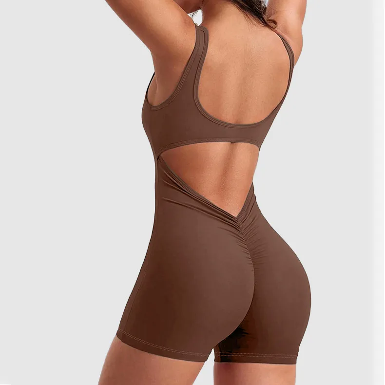 Women Fashion Solid Color Backless With Chest Pad Tight High Elastic Yoga Sports Rompers