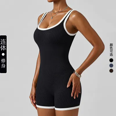 Women Fashion Casual Contrast Color U-Collar Quick-Drying Breathable Sports Rompers