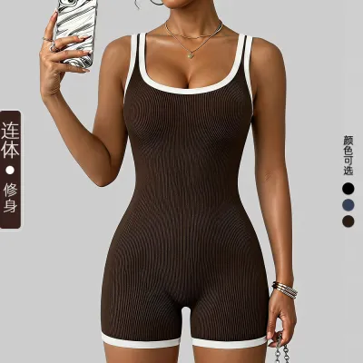 Women Fashion Casual Contrast Color U-Collar Quick-Drying Breathable Sports Rompers