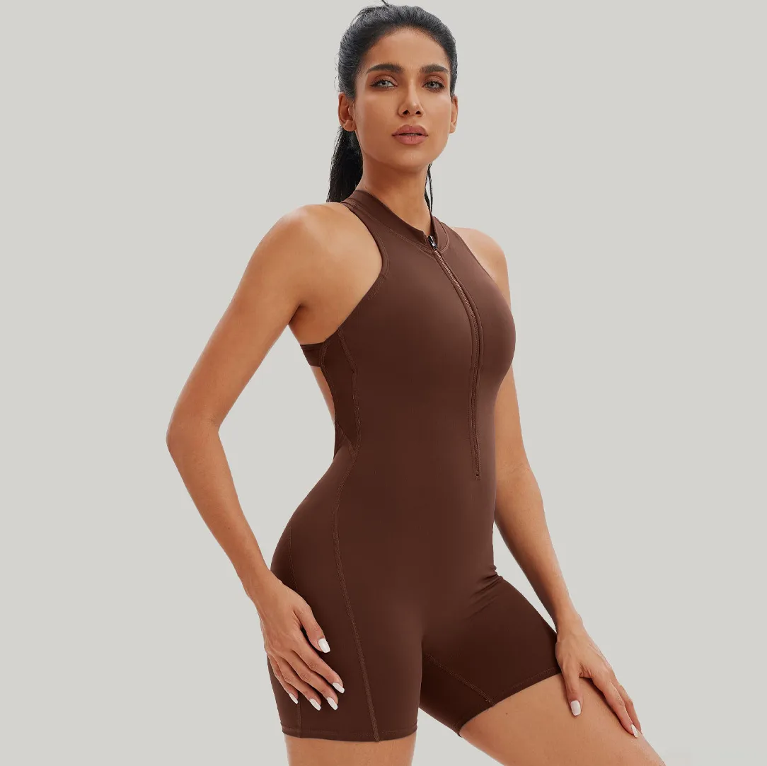 Women Fashion Solid Color Sleeveless Backless Zipper Tight Yoga Sports Rompers