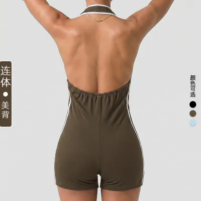 Women Fashion Color-Block Halter-Neck Deep V-Back Slim-Fit Quick-Drying Yoga Sports Rompers