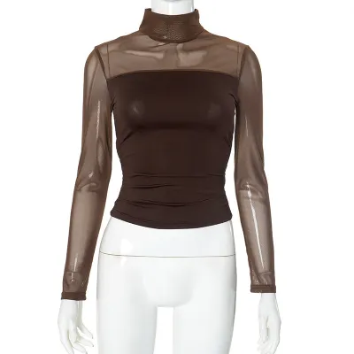 Women Sexy Solid Color Mesh Stitching Long Sleeve Cropped Top