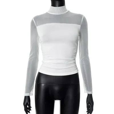 Women Sexy Solid Color Mesh Stitching Long Sleeve Cropped Top