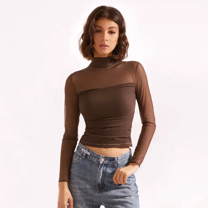Women Sexy Solid Color Mesh Stitching Long Sleeve Cropped Top