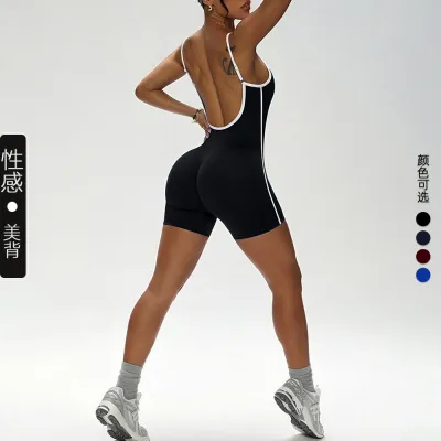 Women Fashion Contrast Color Thin Shoulder Strap Backless Tight Yoga Sports Rompers