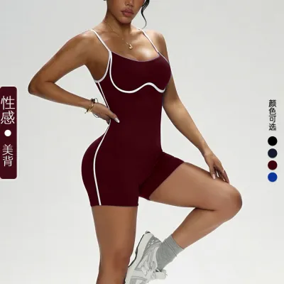 Women Fashion Contrast Color Thin Shoulder Strap Backless Tight Yoga Sports Rompers