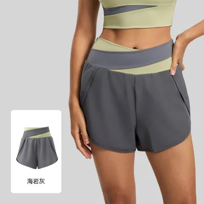 Women Fashion Casual Summer Color-Block Breathable Side Pocket Anti-Walking Fake Two-Piece Yoga Shorts