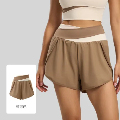 Women Fashion Casual Summer Color-Block Breathable Side Pocket Anti-Walking Fake Two-Piece Yoga Shorts
