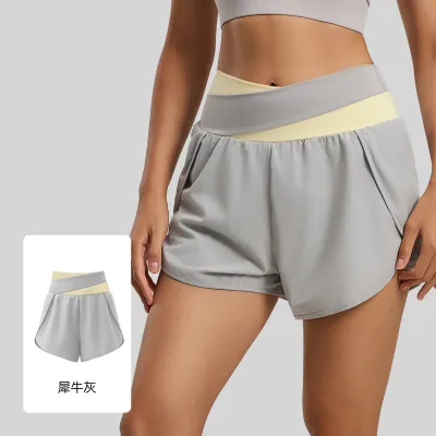 Women Fashion Casual Summer Color-Block Breathable Side Pocket Anti-Walking Fake Two-Piece Yoga Shorts