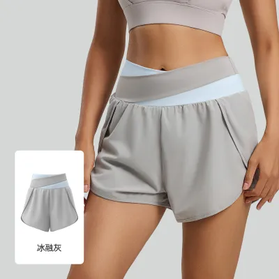 Women Fashion Casual Summer Color-Block Breathable Side Pocket Anti-Walking Fake Two-Piece Yoga Shorts