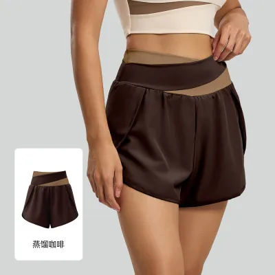Women Fashion Casual Summer Color-Block Breathable Side Pocket Anti-Walking Fake Two-Piece Yoga Shorts