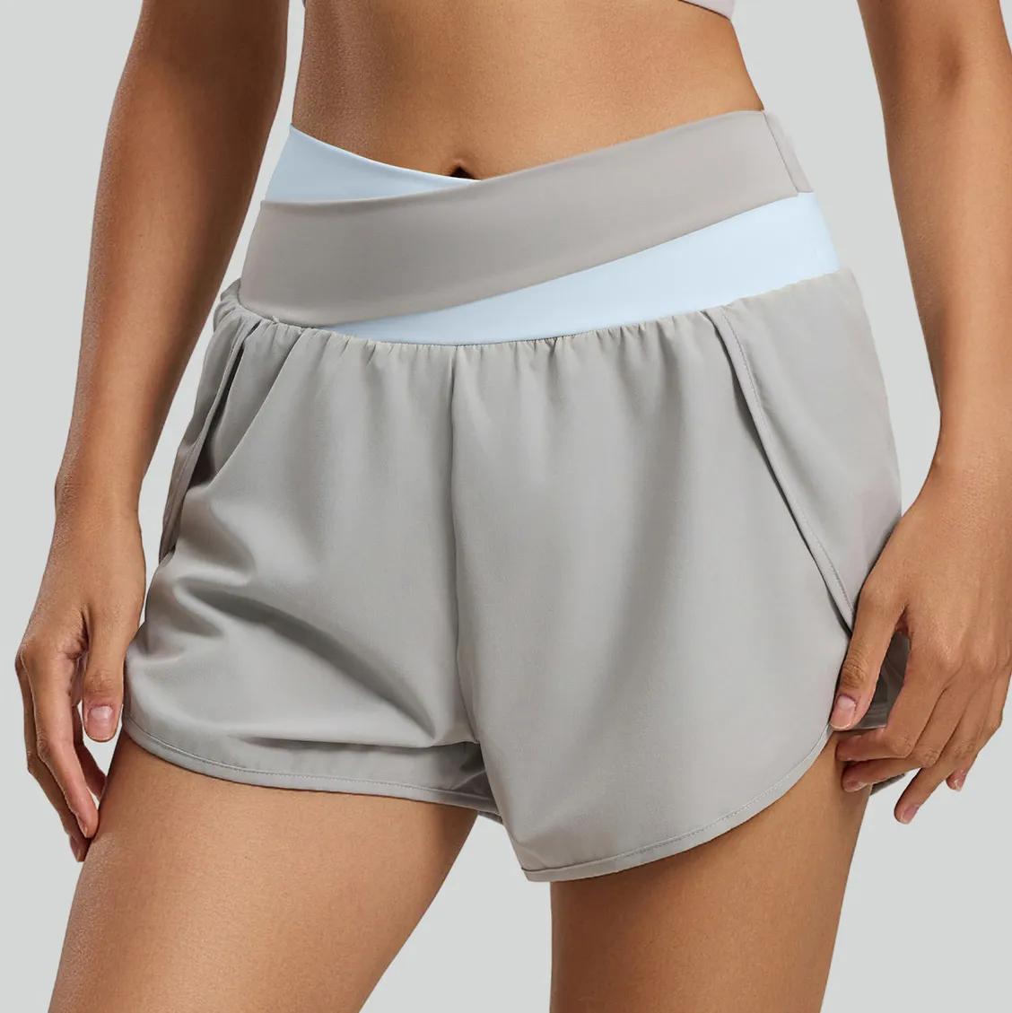 Women Fashion Casual Summer Color-Block Breathable Side Pocket Anti-Walking Fake Two-Piece Yoga Shorts