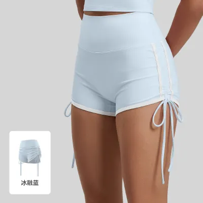 Women Fashion Casual Color Contrast Drawstring High Waist Tight Yoga Sports Shorts