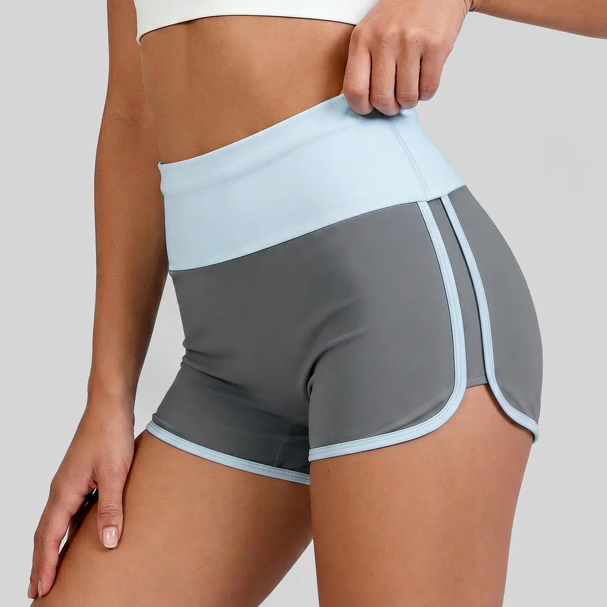 Women Fashion Casual Contrast Color Stripe Slim-Fit High Waist Yoga Sports Shorts