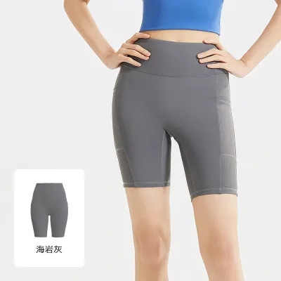 Women Fashion Casual Solid Color Side Pocket High Waist Tight Yoga Sports Shorts