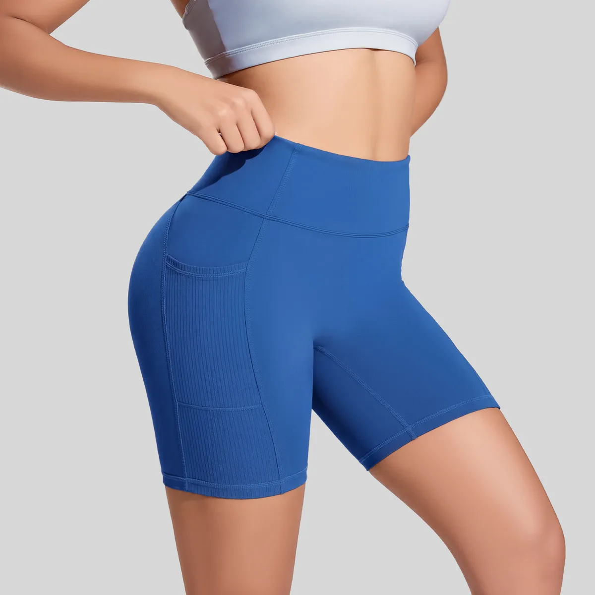 Women Fashion Casual Solid Color Side Pocket High Waist Tight Yoga Sports Shorts