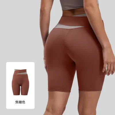 Women Fashion Casual Color Block High Waist Tight Yoga Sports Shorts