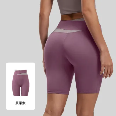 Women Fashion Casual Color Block High Waist Tight Yoga Sports Shorts