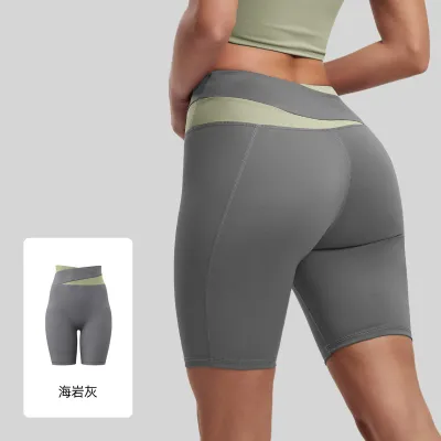 Women Fashion Casual Color Block High Waist Tight Yoga Sports Shorts