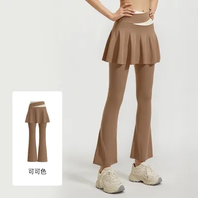 Women Fashion Casual Color-Matching Fake Two-Piece High-Waist Yoga Flared Pants Leggings