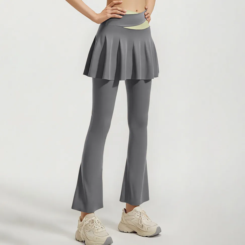 Women Fashion Casual Color-Matching Fake Two-Piece High-Waist Yoga Flared Pants Leggings