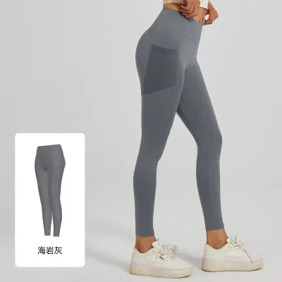 Women Fashion Casual Solid Color Thin Tight Mesh Side Pocket Yoga Leggings