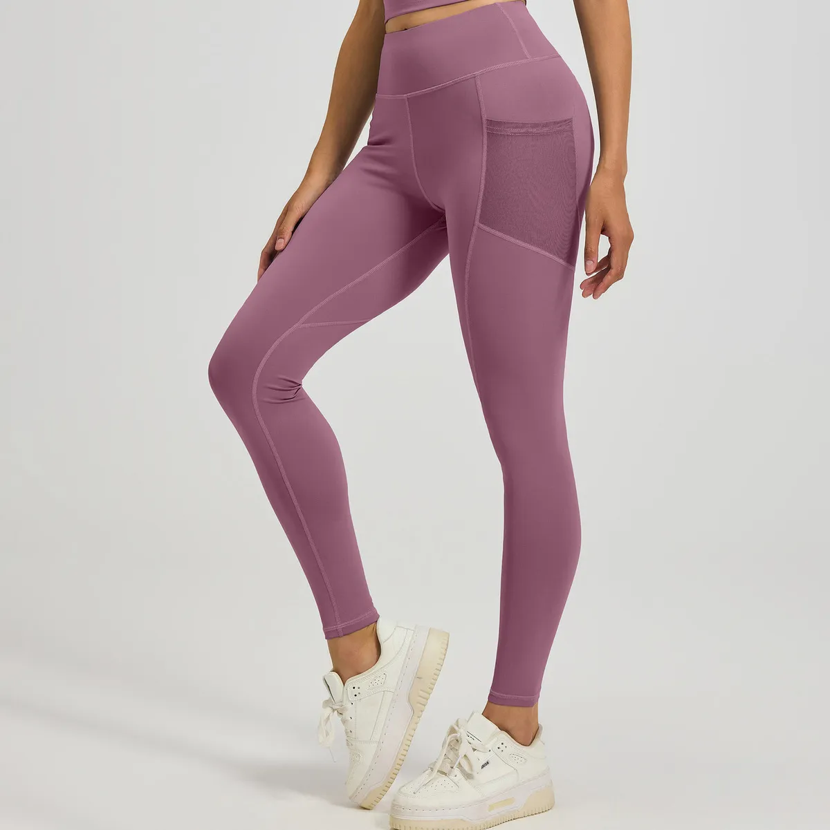 Women Fashion Casual Solid Color Thin Tight Mesh Side Pocket Yoga Leggings
