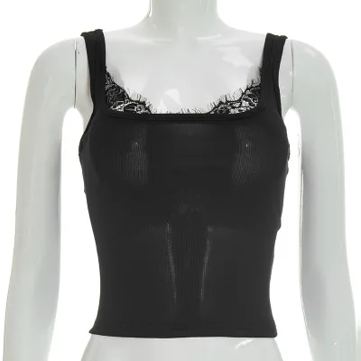 Women Fashion Solid Color Square Collar Lace Stitching Cropped Top Tanks