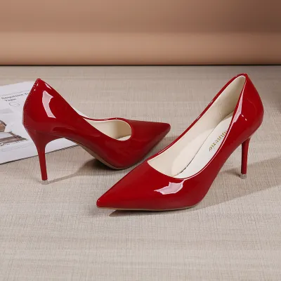 Women Fashion Elegant Solid Color Pointed Toe Patent Leather High Heels Shoes