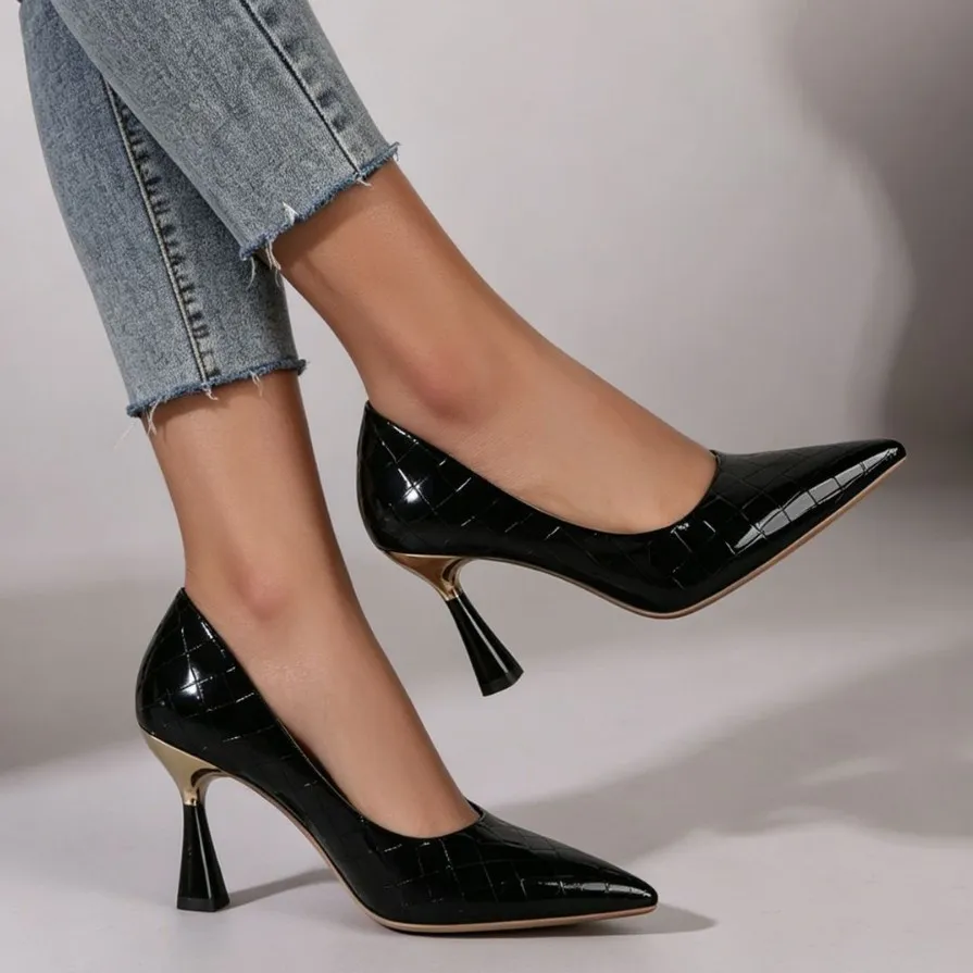 Women Fashion Elegant Solid Color Pointed Toe Patent Leather High Heels Shoes