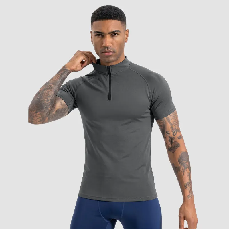 Men Fashion Casual Summer Solid Color Half-Zipper Short-Sleeve Quick-Dry Sports T-Shirt