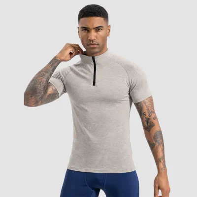 Men Fashion Casual Summer Solid Color Half-Zipper Short-Sleeve Quick-Dry Sports T-Shirt