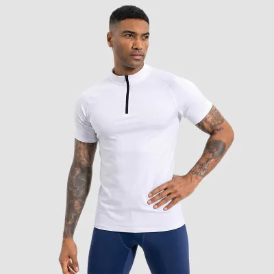 Men Fashion Casual Summer Solid Color Half-Zipper Short-Sleeve Quick-Dry Sports T-Shirt