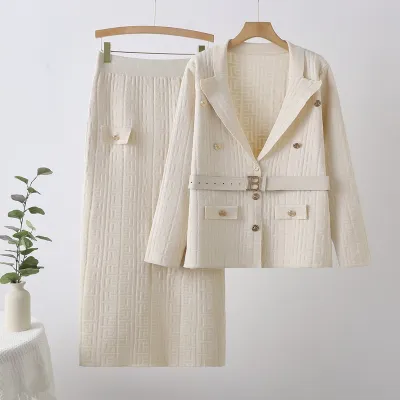 Women Fashion Casual Autumn Maze Jacquard Pattern Lapel Long-Sleeve Coat Maxi Skirt Knitted Two-Piece Set