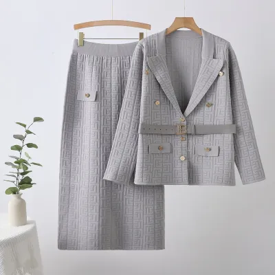 Women Fashion Casual Autumn Maze Jacquard Pattern Lapel Long-Sleeve Coat Maxi Skirt Knitted Two-Piece Set
