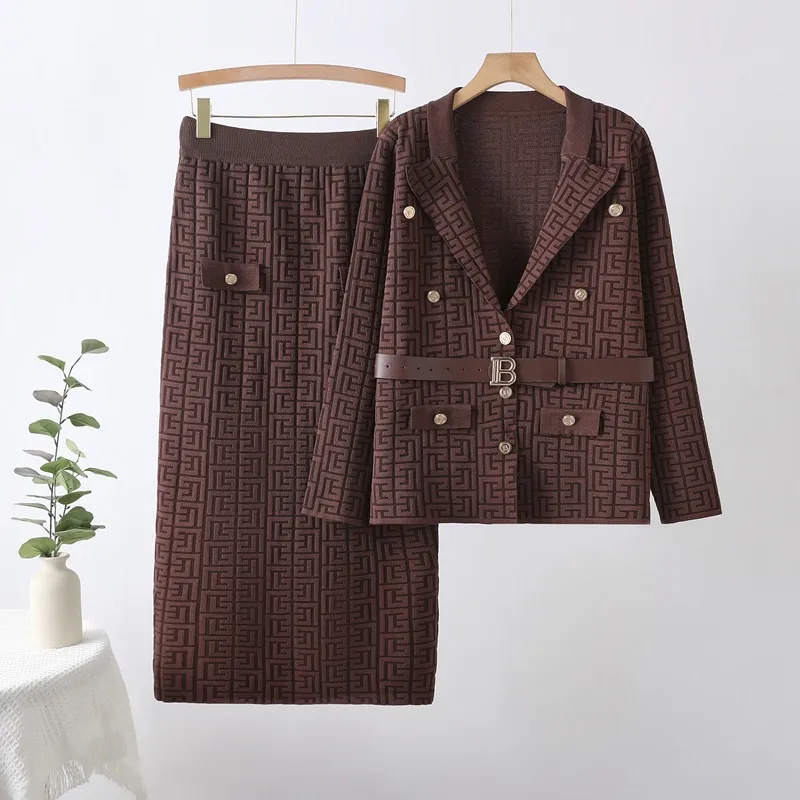 Women Fashion Casual Autumn Maze Jacquard Pattern Lapel Long-Sleeve Coat Maxi Skirt Knitted Two-Piece Set
