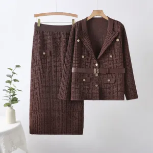 Women Fashion Casual Autumn Maze Jacquard Pattern Lapel Long-Sleeve Coat Maxi Skirt Knitted Two-Piece Set
