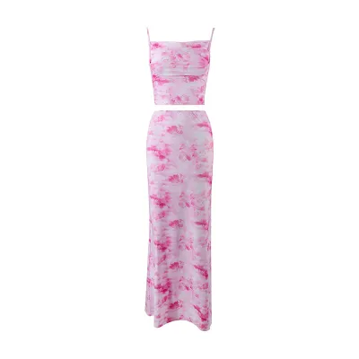 Women Fashion Sexy Summer Printed Camisole Maxi Skirt Two-Piece Set